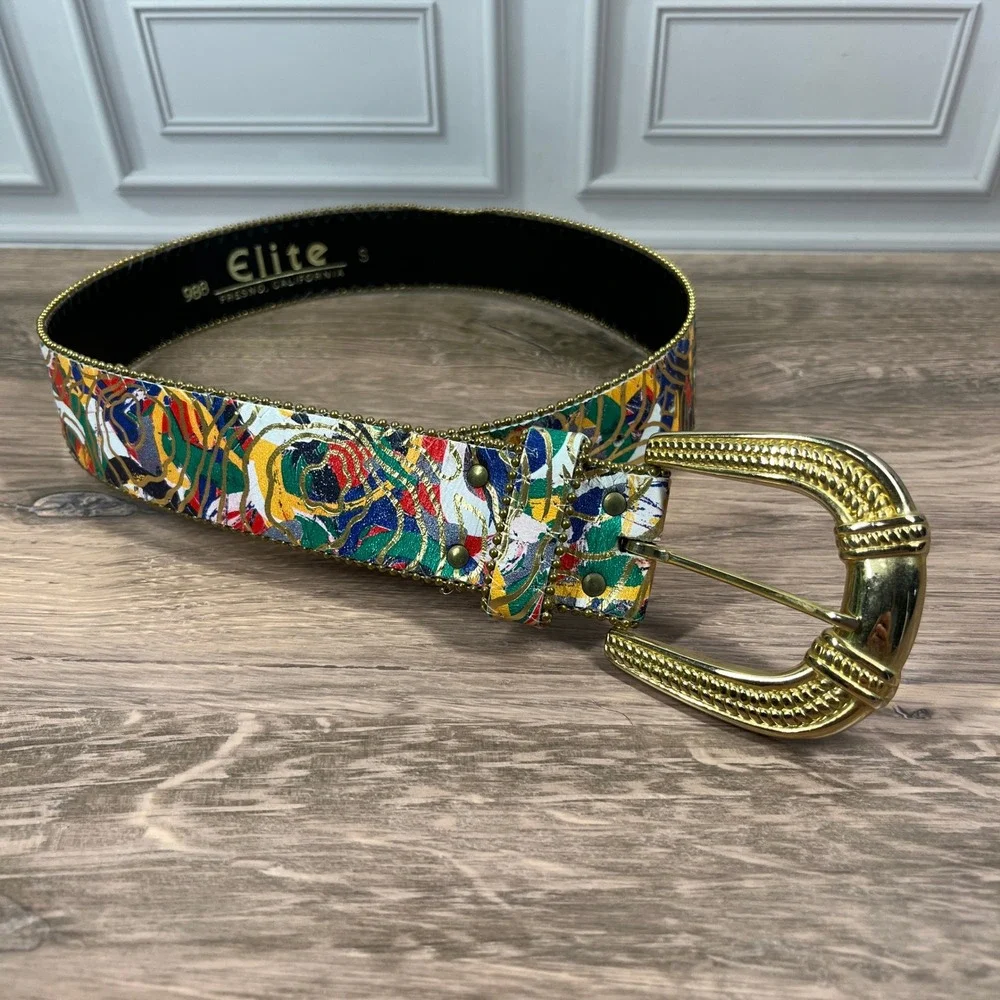 VTG Elite Fresno Belt‎ Gold Beaded Abstract Splatter Western Gold Buckle 988 S